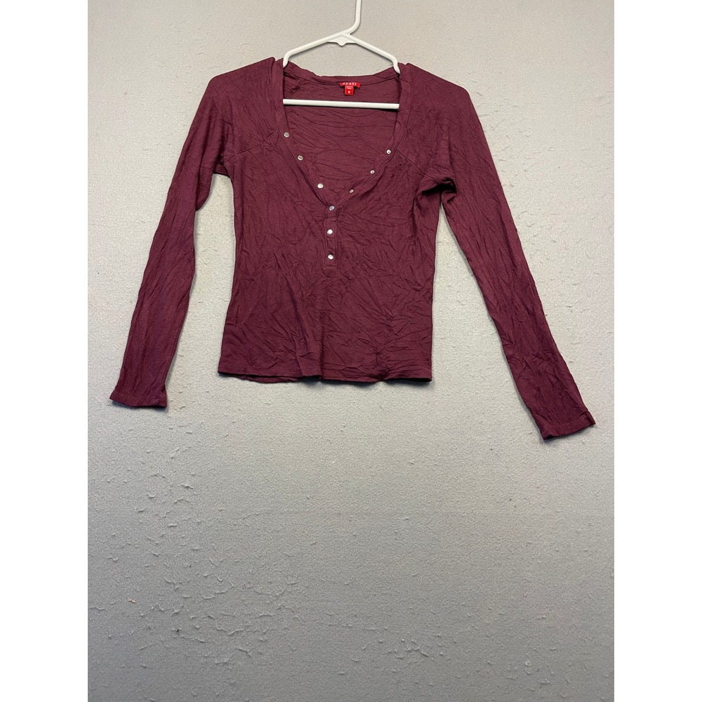 Guess Henley Top Ribbed Knit Burgundy Medium Womens